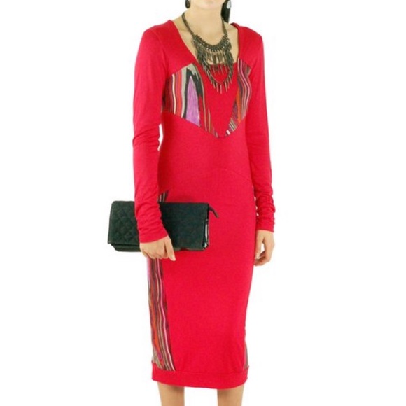 Red and Abstract Print Midi Dress-Size Small - Picture 3 of 5